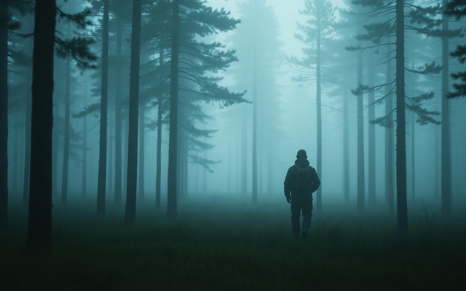 Jägare i dimmig svensk skog